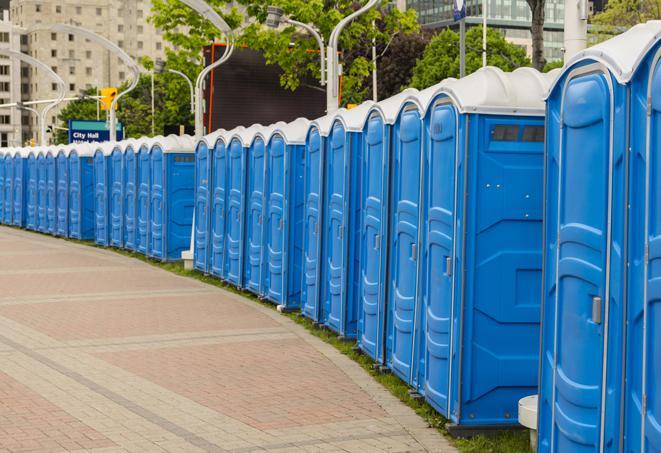 a line of brightly-colored portable restrooms, perfect for outdoor festivals and concerts in Clifton SC